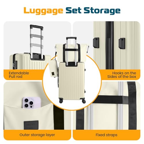 Image of Hoteel Luggage Set 3 Piece, 4-Year Warranty, Suitcases with Wheels, PC+ABS Hardshell Suitcase, TSA Lock, Including Waterproof Luggage Bag, Travel Maletas for Men & Women, Beige