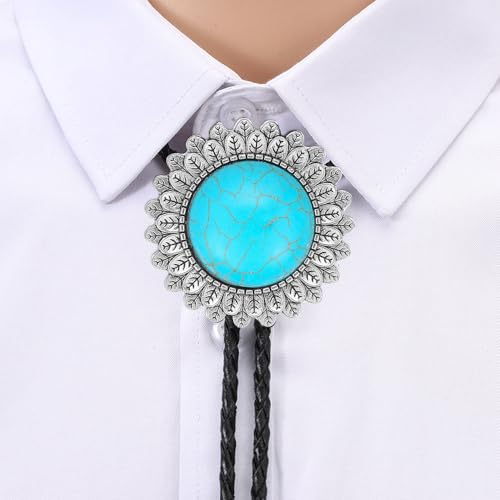 Image of AZORA Western Cowboy Bolo Tie Men Leather Necktie Leather Cord Turquoise Stone Bolo Ties for Men Women