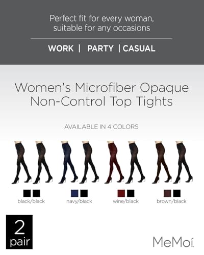 MeMoi 2 Pack Microfiber Opaque Tights, Non-Control Top Tights for Women, Breathable Nylon Blend - Sizes Small to Q22