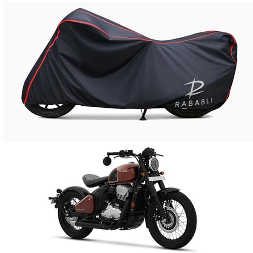 Image of Waterproof Bike Body Cover Compatible for | Jawa 42 Bobber New BS6 | Taffeta Fabric, Red Piping Design, Bottom Elastic Fit | Dustproof, Sun UV & Rain Protection for All Bikes