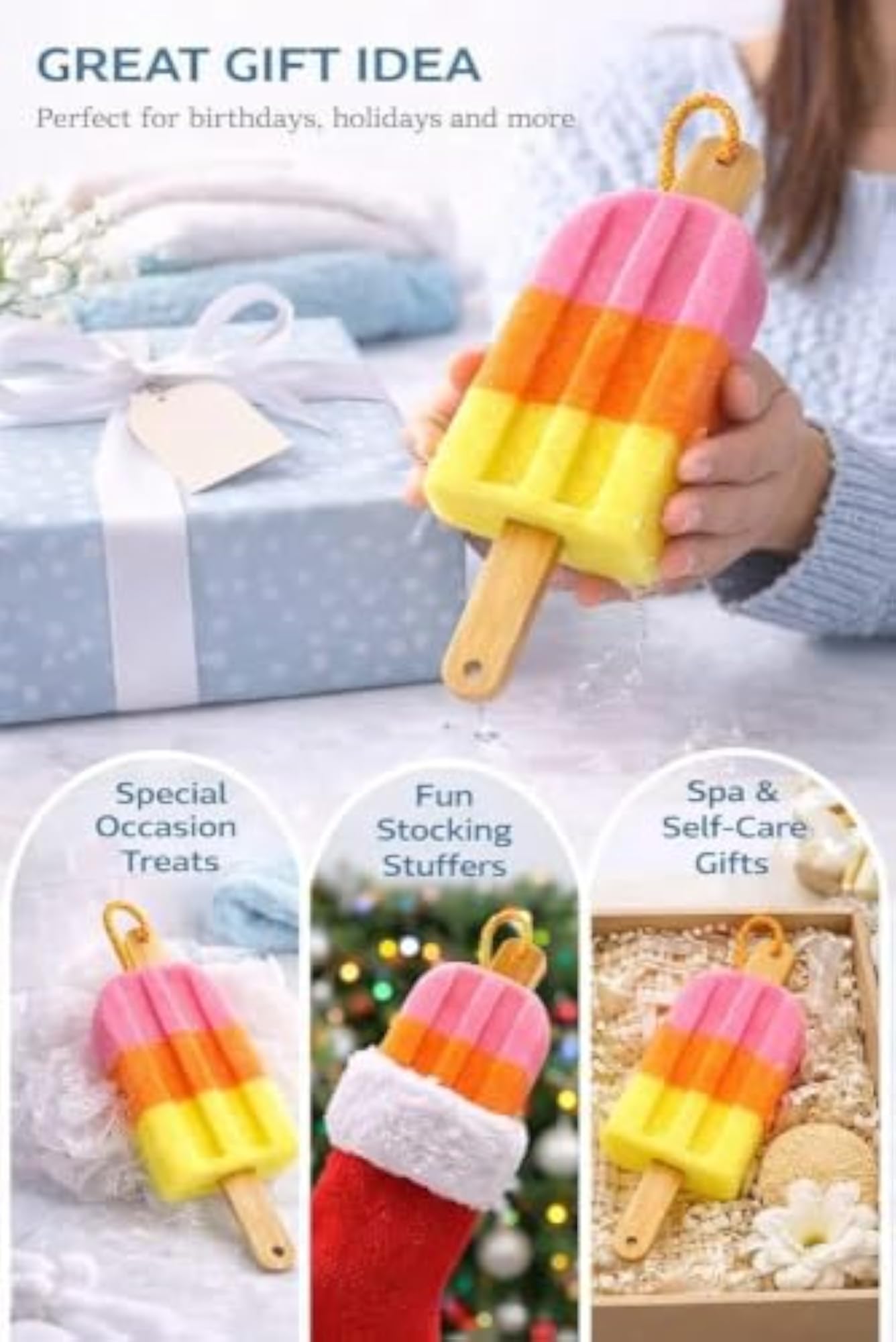 Ice Cream Bath Sponge with Wooden Handle, Soft Exfoliating Scrubber