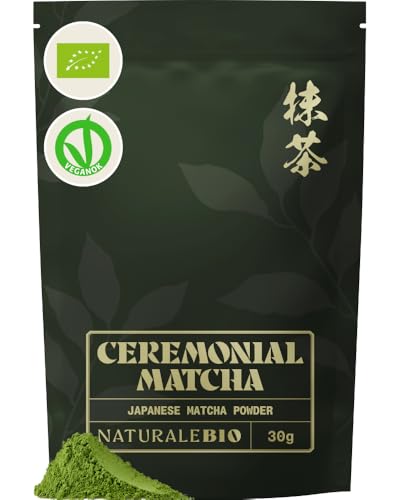 NaturaleBio Organic Ceremonial Grade Matcha Powder, 30g. From Uji, Kyoto for Traditional Japanese Tea Ceremony. Green Tea Free of Added Sugars and Preservatives option