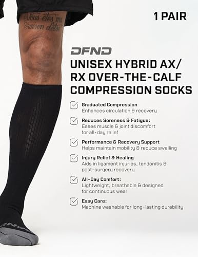 Image of DFND Unisex Hybrid Ax /Rx Over the Calf Compression Socks (1 Pair) - Injury Relief, Recovery - Made in USA