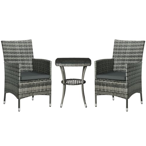 Outsunny Outdoor Rattan Bistro Set with Cushions, 3 Piece Garden Furniture Set, Patio Balcony Table...