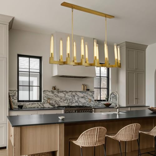 54'' Brass Rectangular Chandeliers for Dining Room,12-Lights Modern Farmhouse Chandelier with Knurled Glass Tube,Gold Linear Chandeliers Dining Room Over Table Rectangle Kitchen Island Pendant Light