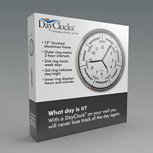Dayclocks Time & Week-Day Wall Clock With Solid Aluminum Frame – Weekly Analog Clock With Days, Hours & Minutes – Quiet Wall Mounted Clock - Ideal Retirement Gift For Men & Women, Aluminium, 12" #TOP1