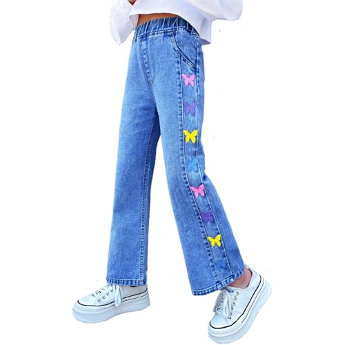 Girls' Wide Leg Jeans | Colorful Butterfly Print Denim Pants | Elastic Wasit Baggy Straight Jeans Kids Clothes 4-14