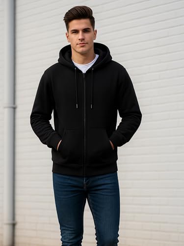 Image of Mens Full Zip Hooded Sweatshirt - Premium Fleece Black Hoodie with Front Pockets | Casual & Athletic Wear