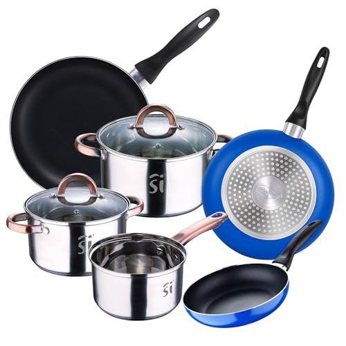 Bateria 5pc acero inoxidable Ø16Ø18Ø20 con 2 tapas de vidrio, y Set 3 sartenes Ø16/20/24 cm, aluminio prensado, azul, set apto para inducción