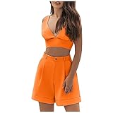 Top Und Short Woman Schlicht Luftige ärmellos Outfit Tailliert Polyester Top Und Short Weiblich Kurz Mit Taschen Hochzeit Summer Mode V Ausschnitt Orange
