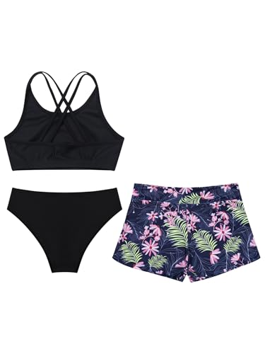 Kids Girls 3 Pieces Sleeveless Solid Color Tankini Swimsuit Crop Top and Briefs with Printed Swim Trunks4