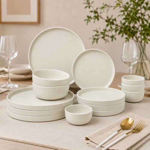 Image of MARKET 99 Minto Pastel Green Melamine Dinner Set 14 Pieces, Matte Round Dinnerware with 6 Full Plates, 6 Quarter Plates, 6 Veg Bowls & 2 Serving Bowls, Food Safe & Refrigerator Safe