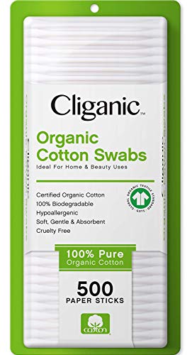 Cliganic Organic Cotton Swabs, 500 Count - 100% Pure Natural Biodegradable Cotton, Chlorine-Free Hypoallergenic, Soft, Gentle & Absorbent Buds