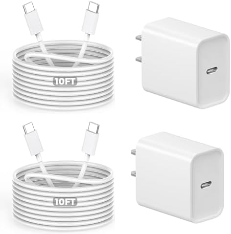 10Foot USB C Charger for iPhone 17 Charger, 2Pack 20W Type C Charging Block