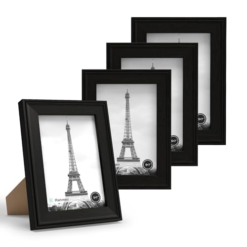 Image of iRahmen 5x7 Picture Frame Set of 4, Black Rustic Retro Photo Frame with Real Glass, 5 x 7 Picture Frames for Wall Mount and Tabletop Display