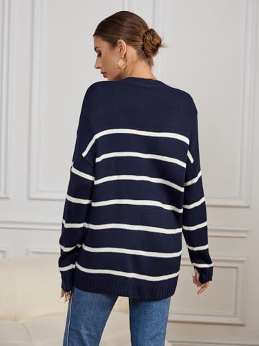 Womens Oversized Cute Striped V Neck Button Long Cardigan Fall 2024 Lightweight Ribbed Knit Sweater Cardigans3