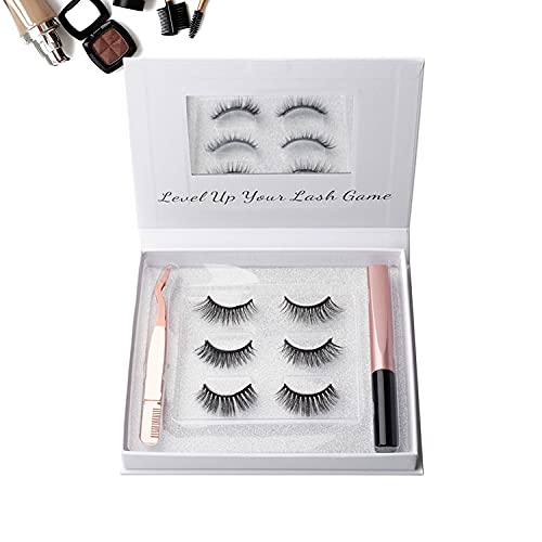 Magnetic Eyelashes with Eyeliner Kit - 3D Magnetic Eyelashes Kit with 3 Pairs Reusable False Eyelashes Natural Look, Tweezers and Eyeliner, Easy to Wear