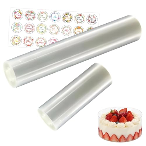 JIUCHAOTONG 2 Rollen Tortenrandfolie 10cm/20cm×5m Transparent Tortenfolie Wiederverwendbar mit 2 Aufklebern für Cremetorten Mehrstöckige Torten und DIY Kuchen