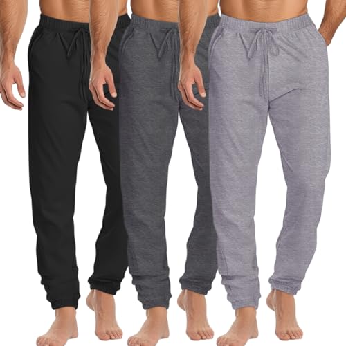 3 Pack: Men's Pajama Joggers -lightweight Pj Bottoms Lounge Pant Drawstring Pockets Elastic Banded Ankle Sleep Pant