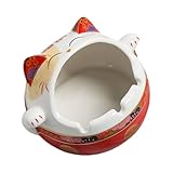Homoyoyo Cenicero de Cerámica Diseño de Gato Fortuna Rojo Resistente al Fuego Muesca en U para Cigarrillos Adorno Navideño para Escritorio en Hogar y Oficina