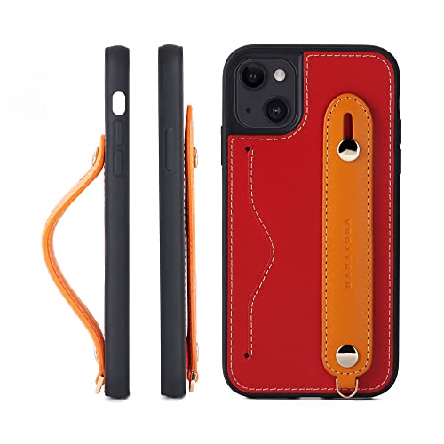 iPhone13 ケース 本革 グリップケース レザー ストラップ付属 イタリア製牛革 ヌメ革 片手操作 カード収納 スタンド機能 メンズ レディース レッド/オレンジ CGH-13-Red-OG