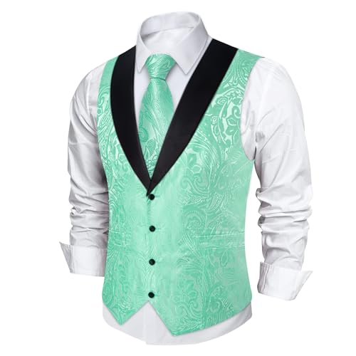 Image of DiBanGu Mens Paisley Suit Vest Silk Jacquard Waistcoat and Necktie Set Formal Shawl Collar Dress Vest 7PCS for Wedding Party