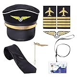 Gvhntk Airline Pilot Captain Hat Kit Pilot Costume Accessories Set for Men Adults Tie Wings Patch Halloween Cosplay Party Supplies