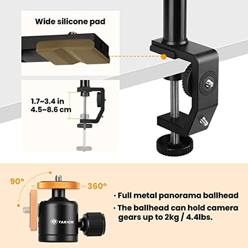 TARION C Clamp Stand Camera Desk Mount with Standard 1/4 Screw, Ball Head and 33-60cm Adjustable Extension Rod for Vlogging Live Stream Photo Studio Light Photography Filming