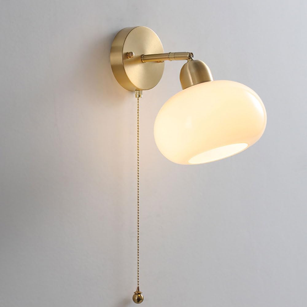 HPTHLY D Wall Sconce With Pull Switch, Nordic Brushed Brass Wall Lamp Adjustable Bedside Wall Mount Light With Glass Shade E27 Indoor Copper Lighting Fixture(A)