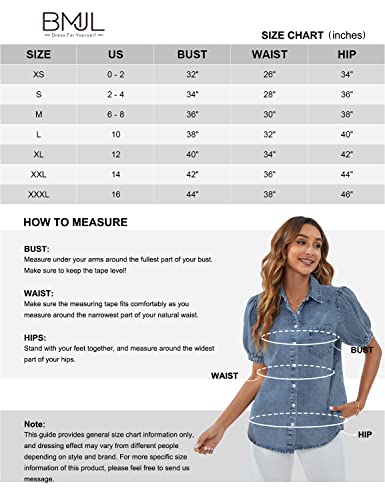 Bmjl Womens Denim Shirt Business Casual Button Down Work Blouses Puff Sleeve Summer Tops Blue #TOP5