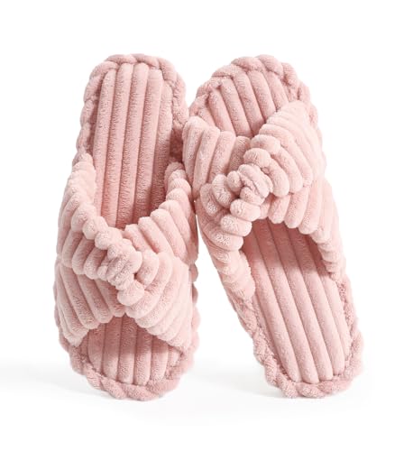 Cosy Pyro Slippers for Women House Bedroom Furry Cross bands Slide Shoes Anti-Skid Sole Open Toe Slippers Pink 42-43
