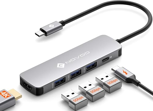 NOVOO Adattatore USB C, Hub 5-in-1 USB C a HDMI 4K@60Hz, 3 x USB 3.0, Hub USBC PD 100W per MacBook Air, MacBook Pro, Surface, Galaxy, Lenovo, Chromebook