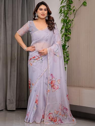 Image of ALMAARI FASHIONWomen's Floral Printed Organza Saree with Unstitched Blouse Piece | Traditional Ethnic Wear Sarees | Soft Lightweight Ethnic Office Wear Daily Wear Indian Sari (ORGANZA 121-130 H)
