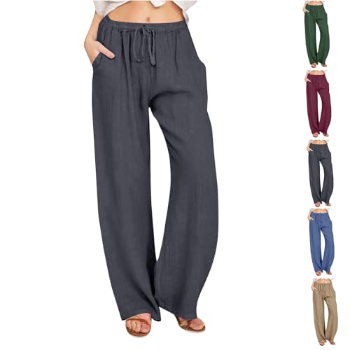 Womens Summer Cotton Pants Dressy Casual High Waisted Drawstring Lounge Trousers Loose Wide Legged Flwoy Beach Pant