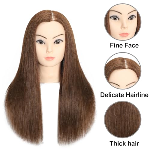 VEELTRAS Übungskopf, 100 % Echthaar, Frisierkopf, professioneller Puppenkopf mit kostenloser Klemme, Braun