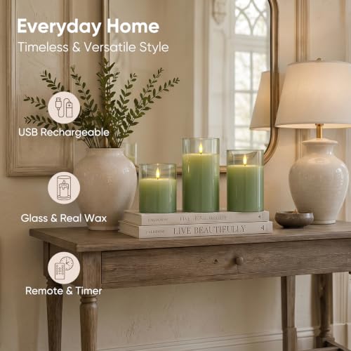Image of Homemory Rechargeable Sage Green Glass Flameless Candles with Remote Timer, 3 Pack