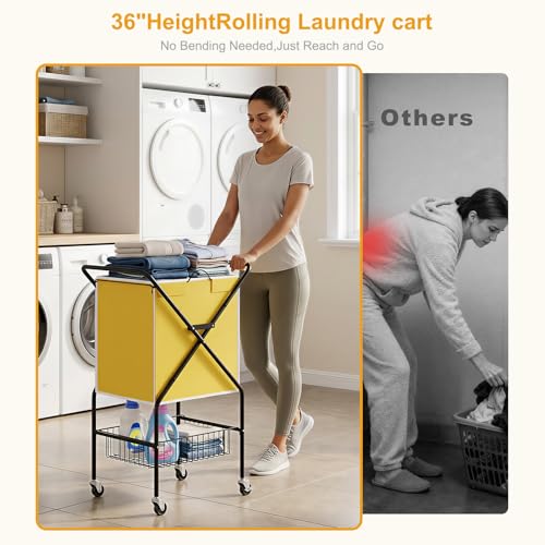 Image of Convenient Laundry Basket with Wheels,36 inch High Easy Rolling Laundry Cart with Wheels,Heavy Duty Dirty Clothes Laundry Hamper with Handles Removable Bag for Seniors,Folding Metal Frame /Yellow /98L