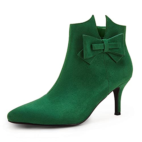 Ermonn Womens Pointed Toe Ankle Boots Stiletto Heels Side Zipper Bow Faux Suede Booties Wedding Dress Shoes #TOP15