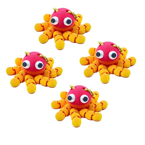 Rxuiael 3D Printed Articulated Octopus Keychain - 24 Moving Joints Poseable Desk Pet for Adults, Pocket Anxiety Relief (Orange 4PCS)