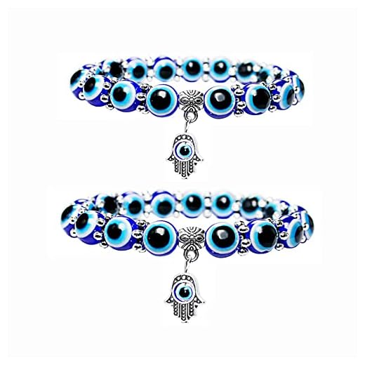 Pulsera de protección para el Mal de Ojo, 2 Piezas Amuleto De La Suerte Elástico Hamsa Blue Eye Bead Pulseras, Estire la Pulsera de la Suerte, Traiga Suerte y Prosperidad, Pulsera Unisex de Suerte