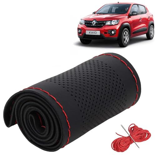 Image of KINGSWAY PU Leatherite Car Steering Cover Sewable Compatible with Renault Kwid (Year 2015-2018), Black Color with Red Thread, Pack of 1 with Sewing Needle and Thread