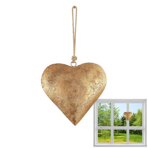 Décoration murale en forme de cœur en métal avec finition antique dorée et cloche en forme de cœur, art mural vintage en métal avec corde de suspension...