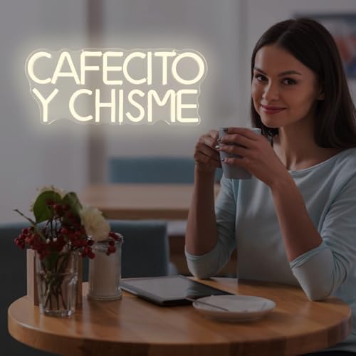 Image of Funny Cafecito Y Chisme Neon Sign for Wall Decor Dimmable Cafecito Y Chisme Sign Mexican Gifts for Women Led Neon Light Sign for Bedroom Coffee Lover Gifts Home Kitchen Decoration