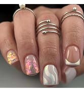 Short Square Fake Nails French Tip Press on Nails Aurora with Wave Design Full Cover False Nails ...