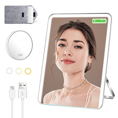 M MIVONDA Lighted Makeup Vanity Mirror with Dimmable 3 Color Lights, Rechargeable 2000mAh Batteries and Detachable 10X Mangifying Mirror, Large Lightweight Compact LED Travel Mirror (Silver) M MIVONDA Lighted Makeup Vanity Mirror with Dimmable 3 Color Lights, Rechargeable 2000mAh Batteries and Detachable 10X Mangifying Mirror, Large Lightweight Compact LED Travel Mirror (Silver)