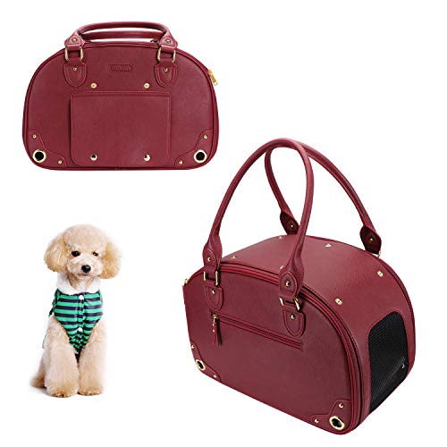 PetsHome Dog Carrier Purse, Pet Carrier, Cat Carrier, Foldable Waterproof Premium Leather Pet Travel Portable Bag Carrier for Cat and Small Dog Home& Outdoor Wine Red