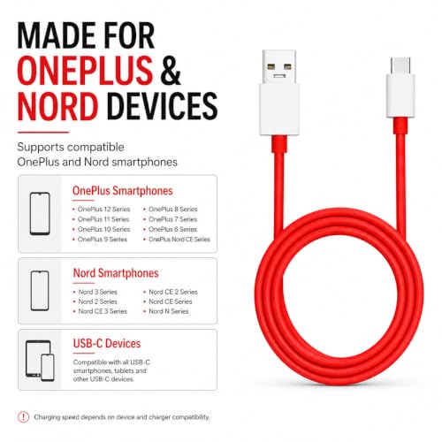 Image of Novobit 80W SUPERVOOC Fast Charging USB Type-C Cable, Compatible with OnePlus 13 /13R /12 /12R /11 /10 /10T /9 /9R /9RT /8 /8T /7T /7Pro, Nord 4 /3 /2 /2T /CE4 /CE3 /CE2Lite, 1m Red, 1Yr Warranty, 480Mbps Sync