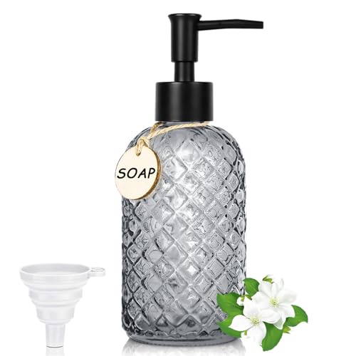 400ml Seifenspender Bad, Edelstein-Design Seifenspender Glas Spülmittelspender für Küche Nachfüllbarer Pumpspender mit Schwarz Kunststoffpumpe, Hölzerne Etiketten, Trichter für Lotionen (grau)