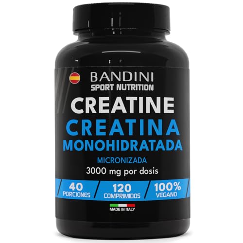 Bandini® Creatine Monohidratada Pura 120 Comprimidos de 3000mg por dosis - Suplemento para entreno, gimnasio e Pre Workout - 100% Vegano - A base de un 100% de Creatina Monohidratada pura