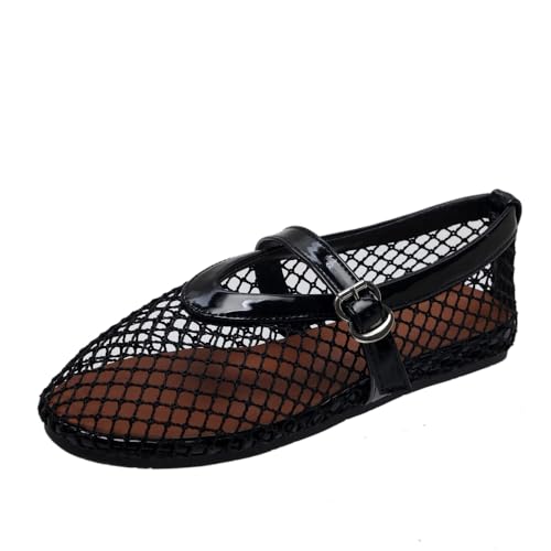 Women's Mesh Ballet Flats Fishnet Ballerina Buckled Straps Mesh Mary Jane Flat Casual Low Heels